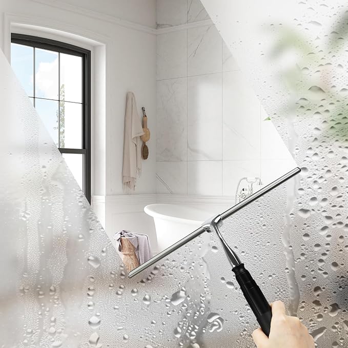 12-51’’ Telescopic Window Squeegee for High Windows, 2-in-1 Window Cleaning Kit with Extra Silicone Blade & Hook, Professional Squeegee for Shower Glass Doors (Window Squeegee for Home)