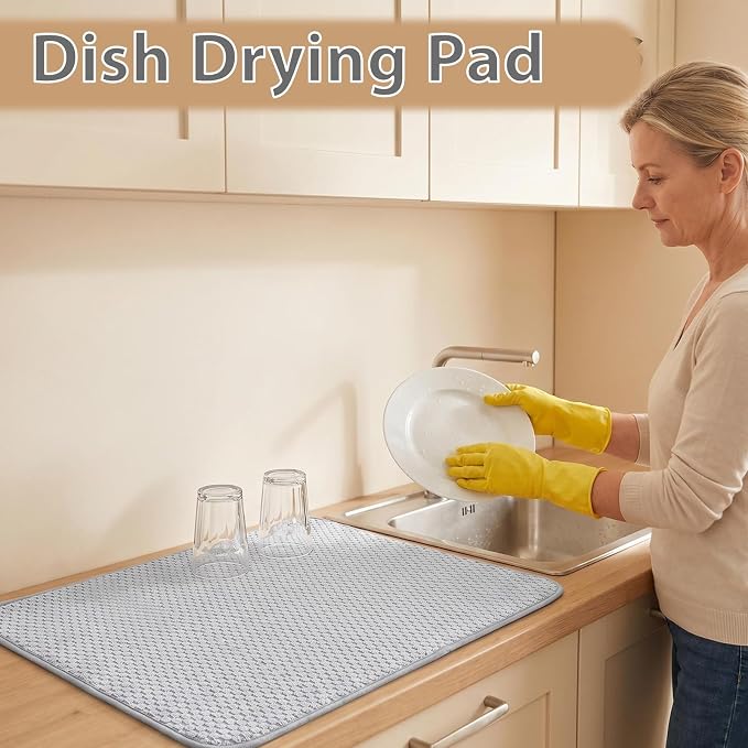 3 Pcs Extra Large Size Dish Drying Mat,Absorbent Microfiber Dishes Drainer Mats,30×24" Inch Pads for Kitchen Counter,Coffee,Rack,Under Sink,Light Gray