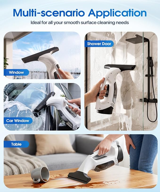 Window Vacuum Squeegee Cordless, 3-in-1 Electric Window Cleaner Tool with Spray & Microfiber Pad, Streak-Free 2200Pa Suction for Glass, Shower Doors, Mirrors, Tiles and Car Windows
