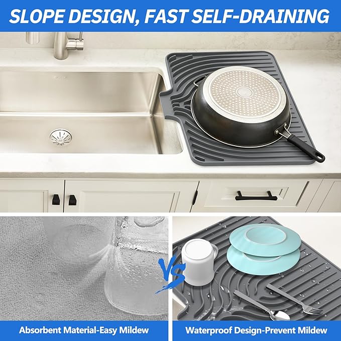 JACZZO Silicone Dish Drying Mat for Kitchen Counter, 19.7" x 17.2" Large Drying Mat with Built-in Drain Lip, Heat Resistant Countertop Protector Pad, Fast Drying & Easy Clean, Grey