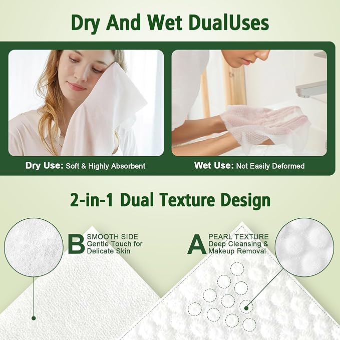Disposable Face Towels 300 Count, Biodegradable Ultra Soft & Thick Facial Towels for Sensitive Skin, Lint-Free Makeup Remover Dry Wipes, Multi-Purpose Cleansing Towelettes for Face Wipes, Skincare