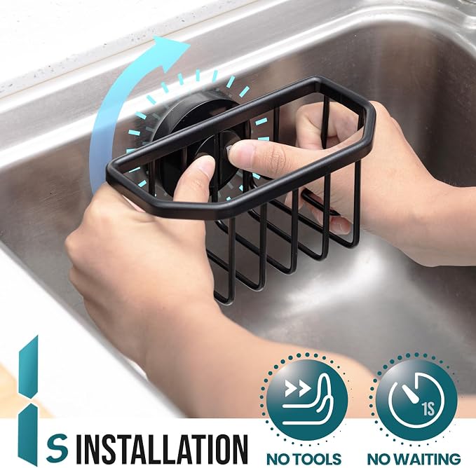 TAILI Sponge Holder for Kitchen Sink with Strong Suction Cup, Rustproof Aluminum Sink Caddy for Sponges, Brushes, Stoppers & Scrapers, Black