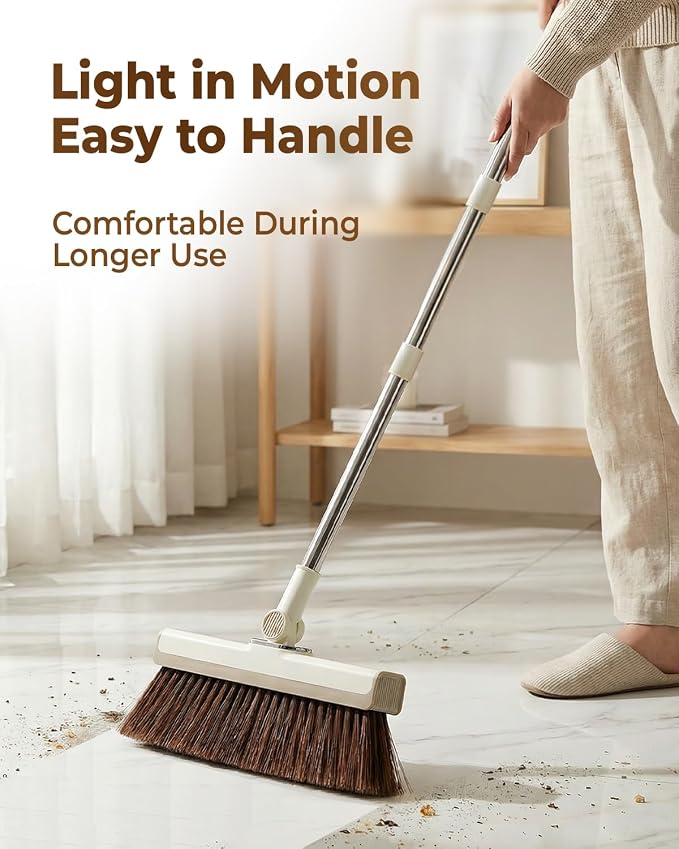INDCAN Broom and Dustpan Set for Home, 54 Inch Long Handle Upright Broom, Rotatable Broom Head with Magnetic Mount & Self-Cleaning Teeth Comb, Indoor Floor Sweeping Set (Santra Pro) - Ivory