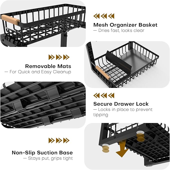 Under Sink Organizer, Heavy-Duty & Rust-Resistant Carbon Steel Metal, 2 Tier Pull Out Under Bathroom Sink Storage, Adjustable Height (13.8" -16.9"), Organizer for Kitchen Cabinet(2PCS,Black)