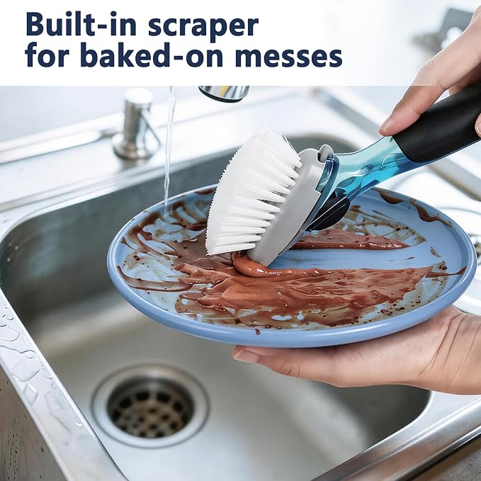 Dish Brush Refill Head 4 Pack Compatible with OXO Dish Brush Head | Stiff nylon bristles, built-in scraper, twist-to-replace mechanism, durable plastic, for soap dispensing models