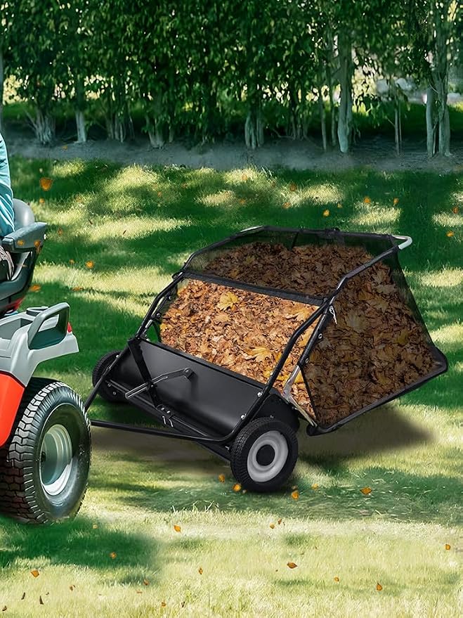 Pull Behind Lawn Sweeper with Dumping Rope, 44” Tow Behind Leaf Collector, Adjustable Height Yard Sweeper with Large Hopper, Easy Storage Folding Design for Garden Tractors Black