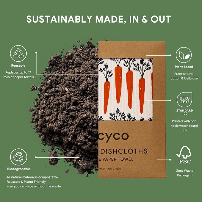RECYCO Swedish Dishcloths for Kitchen | 6 Packs Veggie Melody Washable Dish Rags | Cellulose Reusable Cleaning Paper Towels | Absorbent Counter Dish Cloth Sponge Kitchen Wipes, 8" L x 7" W