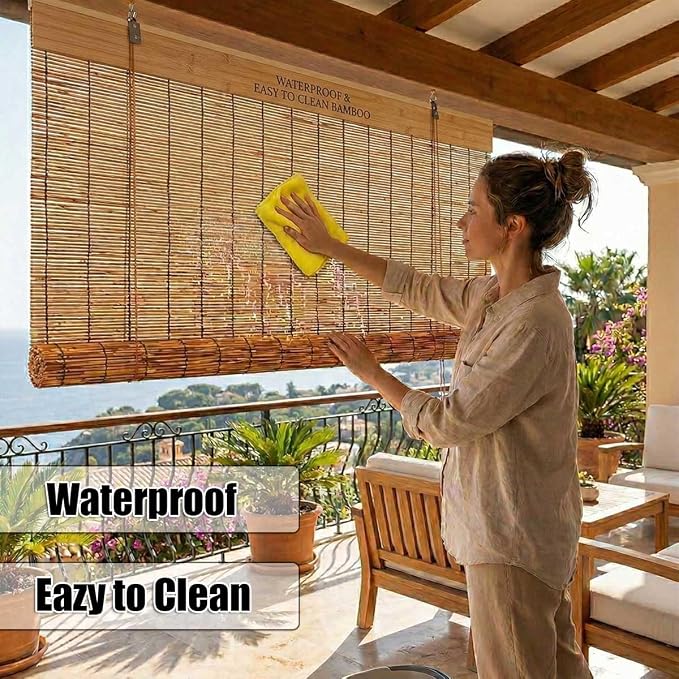 Bamboo Blinds and Roller Shades for Indoor Windows Cordless Natural Light Filtering Roll Up Roman Shades for Outdoor Patio Porch Pergola, Easy Install Privacy Screen Window Blinds(16" W x 64" H)