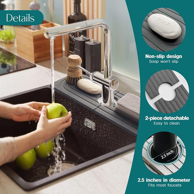 eormoe Faucet Mat for Kitchen Sink - Wider Diatomite Fast Drying Stone Sink Tray, Super Absorbent, Prevents Moisture Buildup - Faucet Splash Guard for Bathroom Counter (Dark Grey, 15x5.3inch)