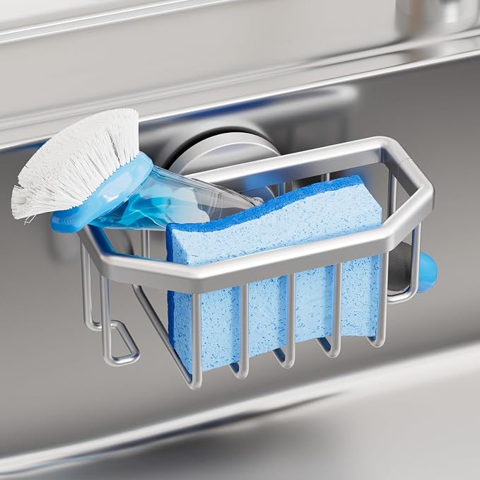 TAILI Sink Caddy with Strong Suction Cup, Sponge Holder for Kitchen Sink Organizer, Removable Sponge Caddy Inside Sink, Rustproof Aluminum Holder for Sponges, Brushes - Silver