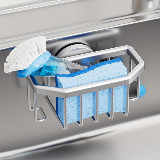 TAILI Sink Caddy with Strong Suction Cup, Sponge Holder for Kitchen Sink Organizer, Removable Sponge Caddy Inside Sink, Rustproof Aluminum Holder for Sponges, Brushes - Silver