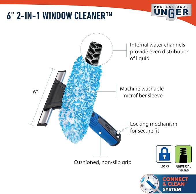 Unger Professional Connect and Clean 2-in-1 Squeegee and Scrubber, 6” Window Cleaning Tool, Commercial & Residential Use, Washer Cleaner Supplies to Remove Excess Water & Dry (Pack of 6)