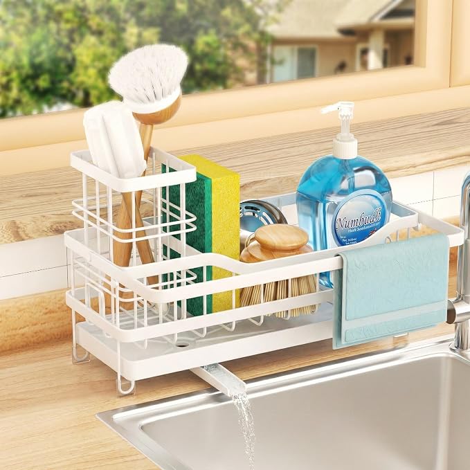 Sponge Holder for Kitchen Sink, Self-draining Sink Organizer with Towel Rack and Brush Holder, Metal Kitchen Sink Organizer for Countertop, White