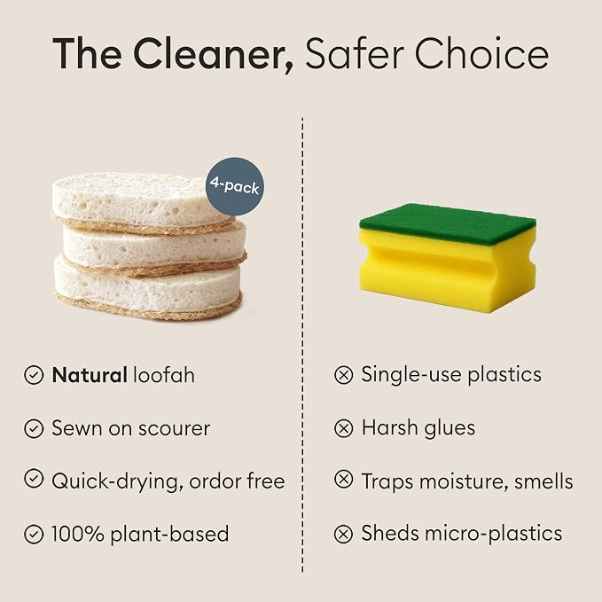 Vove Scrub Sponges 4 Pack, Cellulose & Cotton with Natural Loofah, Eco-Friendly Loofah Dish & Kitchen Sponges, Bathroom Scrubbing Pads, FSC-Certified Packaging