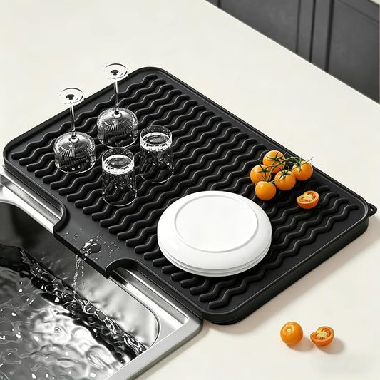 Rnivvi Silicone Dish Drying Mat for Kitchen Counter, 16 x 12" Drainer Pad with Drainage Spout, Heat Resistant Trivet Non-Slip Dish Rack Mats for Countertop Protection, Kitchen Bar Decor Pad, Black