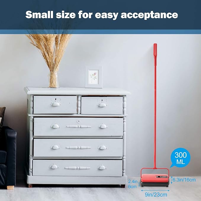 Eyliden Carpet Sweeper, Mini Size, Manual Sweeping, Red | Lightweight, Hand Push - No Noise, Non-Electric, Easy Clener, Only for Carpet and Rug Cleaning