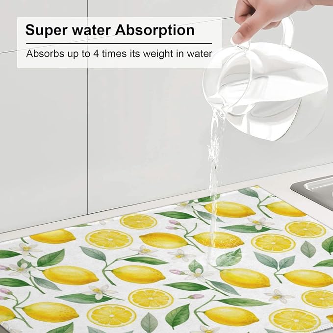 Lemon Dish Drying Mat for Kitchen Counter Microfiber Absorbent Dish Draining Reusable Washable Extra Large 24" x 18" (Lemon, 18x24in)