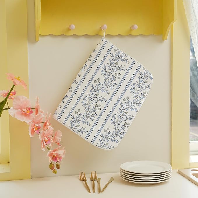 Blue Green Block Print Dish Drying Mats 18x24 Inch Blue Green Vintage Boho Floral Drying Mats Seasonal Outdoor Decorations Absorbent Drying Dish Mats for Kitchen Dining Room Counter Decor