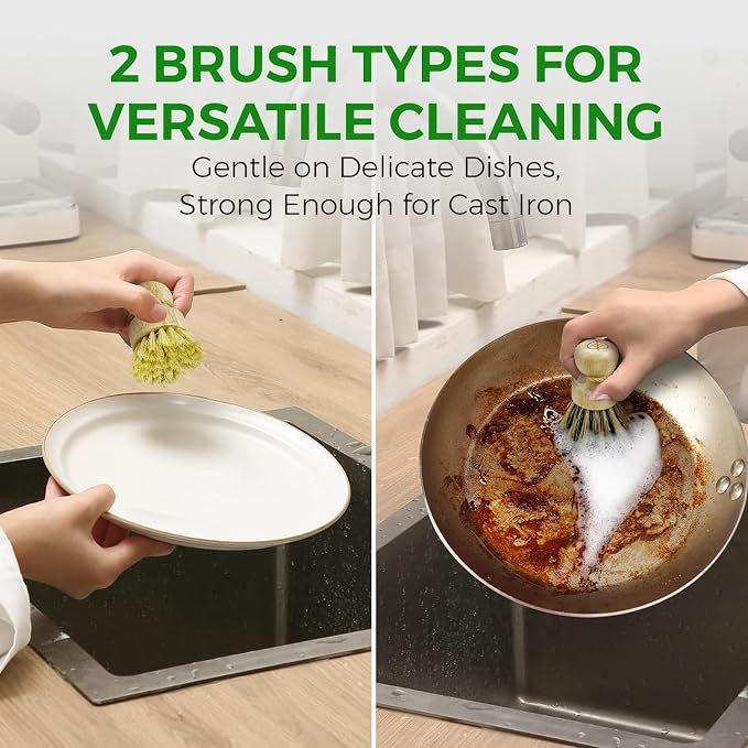 AIRNEX Bamboo Dish Brush Set of 3 - Natural Wooden Dish Scrubber w/Medium Stiff Sisal & Coconut Bristles - Kitchen Scrub Brush for Dishes, Pots & Pans - Plastic Free, Non Scratch Bristles