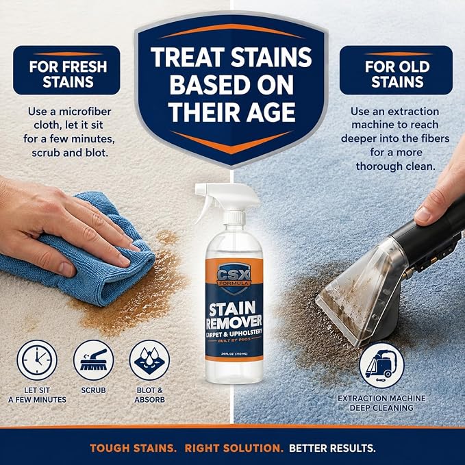 CSX Formula® Carpet Stain Remover 24oz – Most Powerful Carpet & Upholstery Cleaner, Professional Strength, Deep Clean Formula – Removes grease, wine, coffee, ink, food, and more – Made in USA