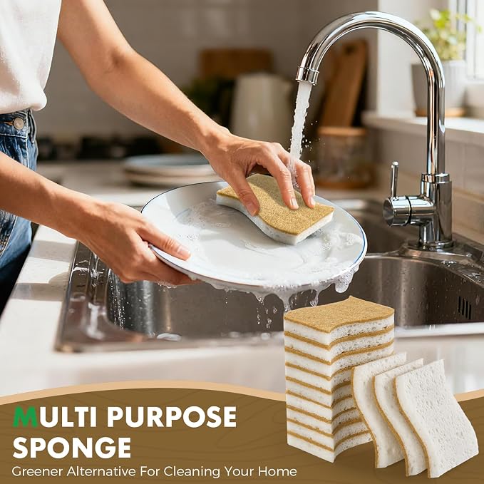 COBETE 12 Pack Natural Biodegradable Kitchen Non Scratch Sponges,Compostable Plant Based Coconut Cellulose Sponge,Eco Friendly Reusable Dish Scrubber Sponge for Pots, Pans & Household Cleaning