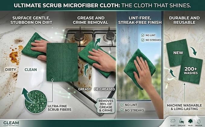 2-in-1 Scrub & Wipe Microfiber Cleaning Cloths – Non-Scratch Scrubbing Side + Soft Absorbent Side – Reusable Dual-Sided Cleaning Towels (6 Pack)