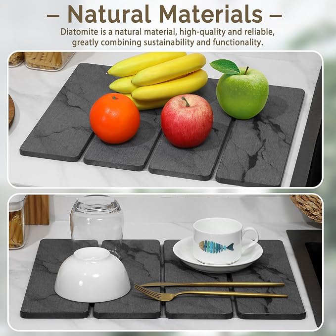 Small Stone Dish Drying Mat for Kitchen Counter, 2 PCS 16"×12" & 8"x4" Quick Dry Stone Mats, Foldable Water Absorbing Diatomite Drying Dish Pad for Countertop Bottles Utensils Cups(Dark Gray Ink)