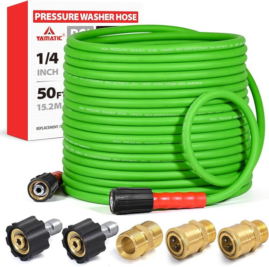 YAMATIC Super Flexible Pressure Washer Hose 50FT for Power Washer Replacement, Kink Resistant Extension With Leak-Free M22 Female & 3/8" Quick Connect Adapters, 1/4" 3200 PSI, Green