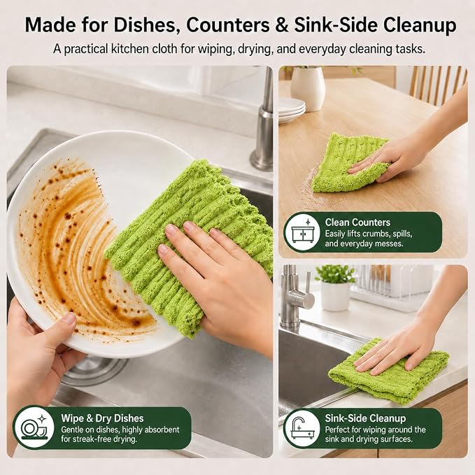 kimteny Microfiber Dish Cloths for Kitchen, 8 Pack 12 x 12 Inch Coral Velvet Kitchen Cleaning Cloths, Absorbent Reusable Non-Scratch Dish Rags for Dishes, Countertops & Sink