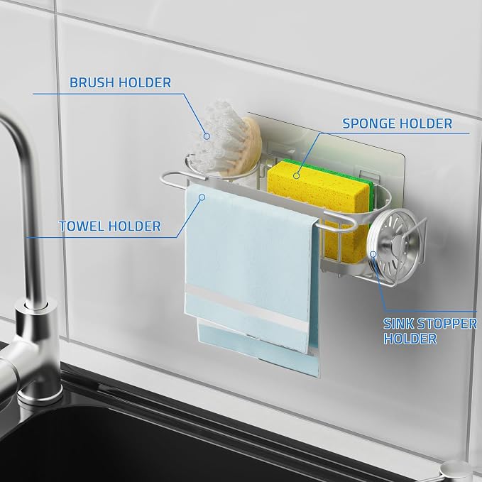 Cisily Kitchen Sink Caddy Sponge Holder in The Sink, Stainless Steel Kitchen Sink Organizer, Brush Holder, Dish Cloth Hanger, Sink Stopper Holder (Suction cup-Grey)
