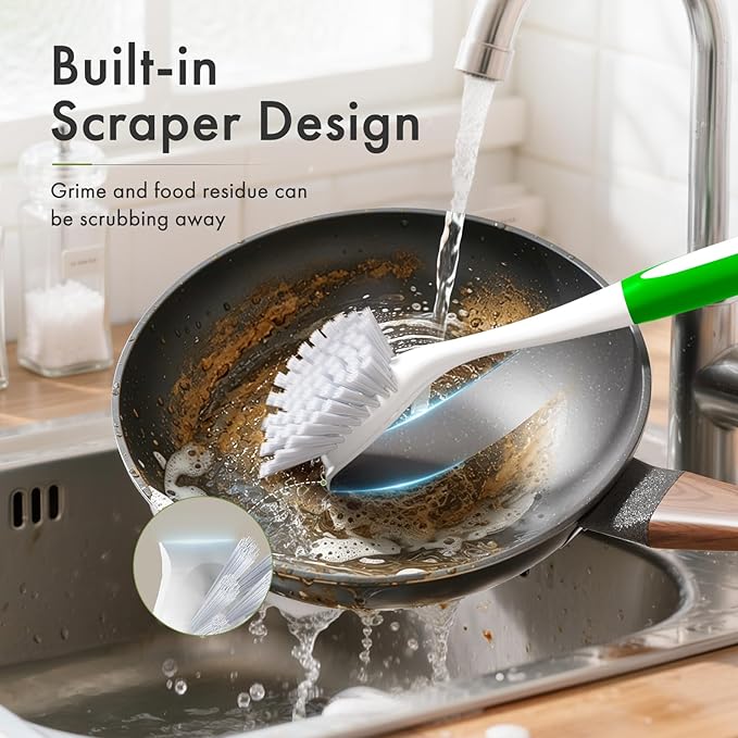 Amazer Dish Brush with Handle, 2 Pack Kitchen Scrub Brushes with Built-in Scraper for Cleaning, Dish Scrubber with Stiff Bristles for Sink, Pots, Pans (Green+Green)
