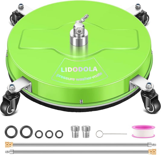 LidoDola 19'' Pressure Washer Surface Cleaner Green, Power Washer Accessory | Stainless Steel Housing with 4 Wheels, 1/4" QC, 2 Extension Wands & 2 Replacement Nozzles, for Gas & Electric Pressure Washer