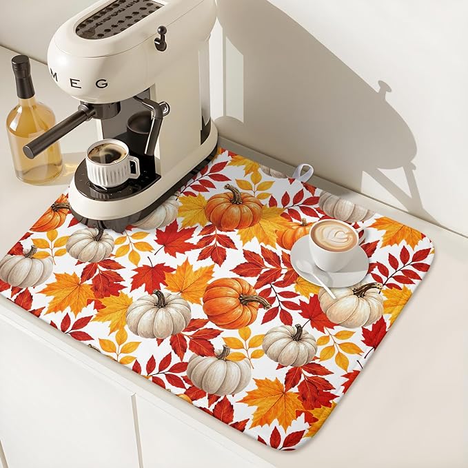 Fall Pumpkin Dish Drying Mat for Kitchen Counter 16x18 Inch Autumn Pumpkins Maple Leaves Drying Mats Thanksgiving Absorbent Reversible Dish Pad Fast Dry Drainer Mat Protector for Countertop Coffee Bar