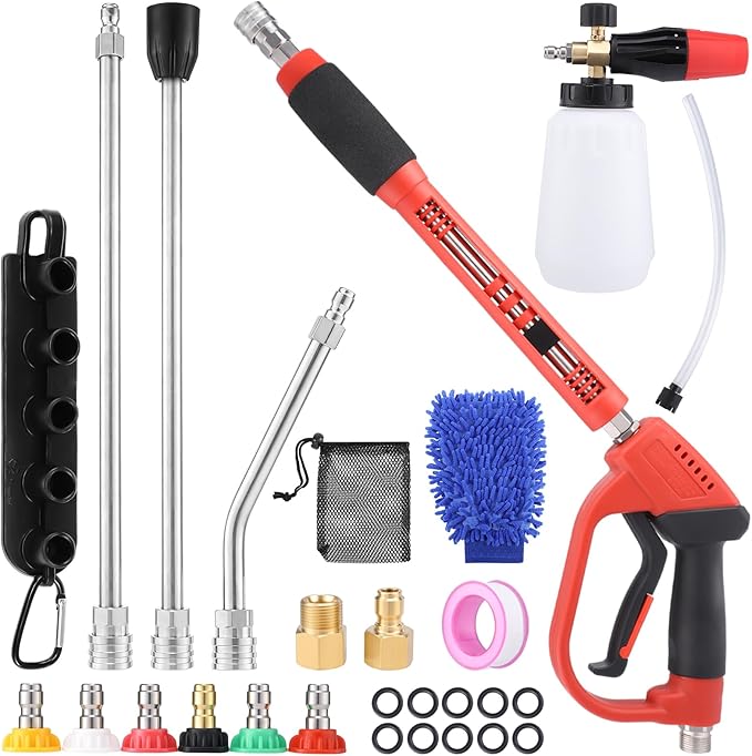 18-Pc Pressure Washer Accessory Kit with Foam Cannon, 5000 Psi | M22 14/15 Mm & 3/8 In Fit, 1/4 In Quick Connect, 6 Nozzle Tips, Brass/Stainless Steel, For Car, Siding, Gutter Cleaning