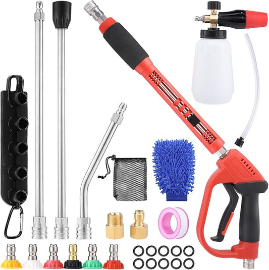 18-Pc Pressure Washer Accessory Kit with Foam Cannon, 5000 Psi | M22 14/15 Mm & 3/8 In Fit, 1/4 In Quick Connect, 6 Nozzle Tips, Brass/Stainless Steel, For Car, Siding, Gutter Cleaning