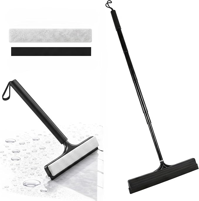 Telescopic 2-in-1 Window Squeegee with Scrubbing Pad | Works on shower glass, tile walls, floors, mirrors & windows; long extendable handle cleans high areas, easy storage