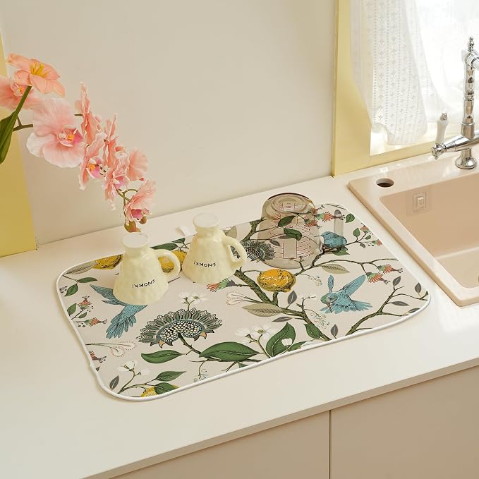 Boho Dish Drying Mat 18x24 Inch Vintage Lemon Floral Blue Bird Drying Mat Chinoiserie Flower Spring Summer Seasonal Absorbent Dish Drying Pad Dish Rack Drainer Mats for Kitchen Dining Counter