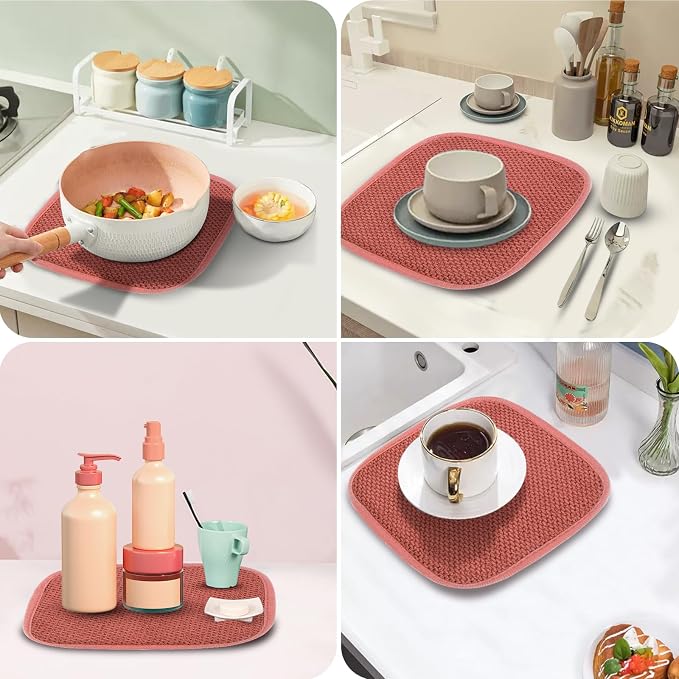 GeeRic Microfiber Dish Drying Mat, Super Absorbent Kitchen Dish Drying Pad, Reversible for Countertop, 7*7 inch Red