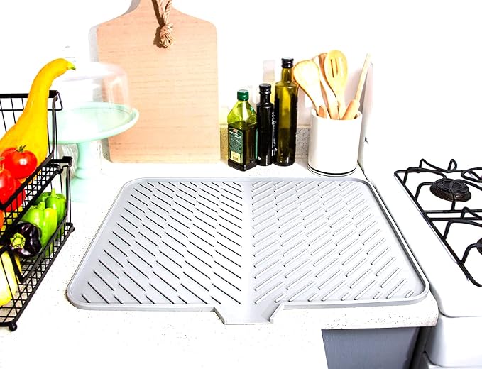 Luxet Silicone Dish Drying Mat with Built-in Drain Lip - Hygienic Drying Pad - Sturdy Compact Easy to Clean Tray Protects Surfaces Prevents Water Build Up - 23 X 17 (White)