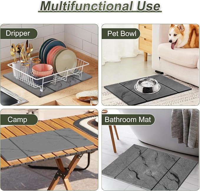 Dish Drying Mat Large Stone Dish Drying Mat For Kitchen Counter Collapsible Quick-Drying Sleek Diatomaceous Versatile Stone Drying Mats For Cups Dishes Bottles Marble (gray, 16"×19")