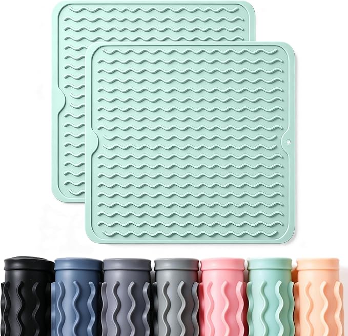 2 Pack Caketime Silicone Dish Drying Mat for Kitchen Counter Baking Cooking Grilling Tools Coffee Must Haves Household Dining Finds Simple Bathroom Dryer Work Place Covers Rubber Rug 12"x12" Green