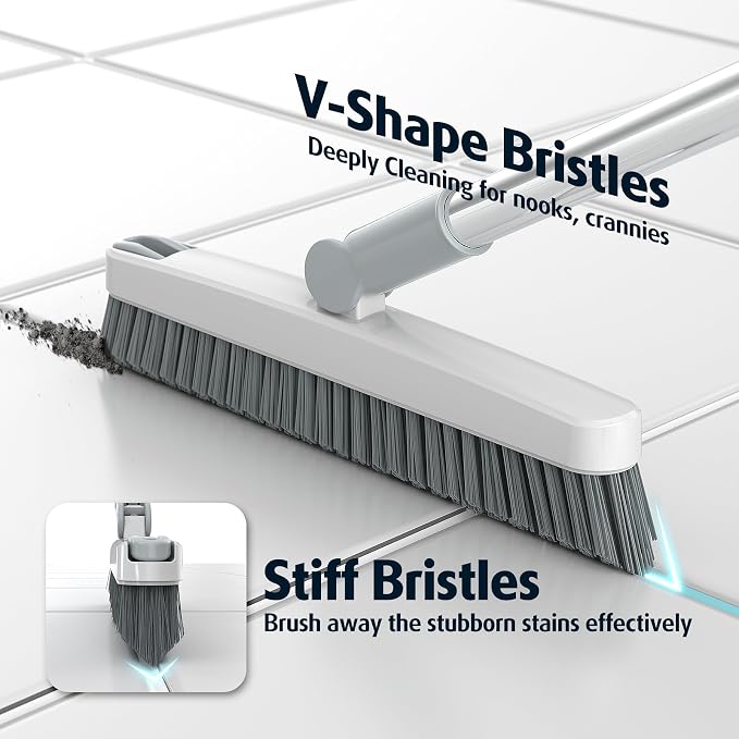 AIR U+ Grout Brush with Long Handle 180° Swivel Scrub Brush with Tweezers to Hair Clip V-Shape Grout Line Scrubber Stiff Bristles for Deep Cleaning Crevice, Tile Line, Shower, Kitchen, Corners（White）