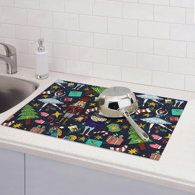 Christmas Nutcracker Dish Drying Mat for Kitchen Counter Cute Kitchen Christmas Dish Mat Microfiber Kitchen Countertop Absorbent Reversible Drainer Rack Pad