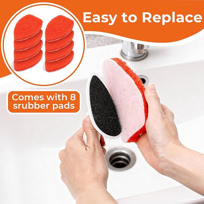 Bathtub Scrubber with Long Handle - Shower Scrub Brush with 8 Replacement Scouring Pads, Bathroom Cleaning Brush for Tub, Tile, Floor