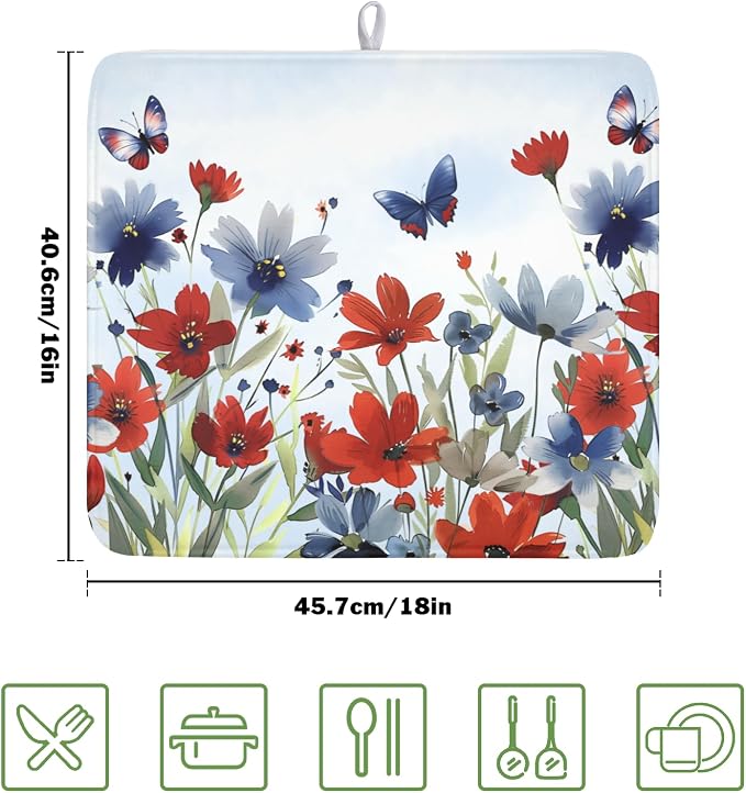 4th of July Dish Drying Mat for Kitchen Counter 16 x 18 Inch Patriotic Floral Dish Drainer Mat Absorbent Microfiber Independece Day Dish Rack Pad for Coffee Dining Bar Decor
