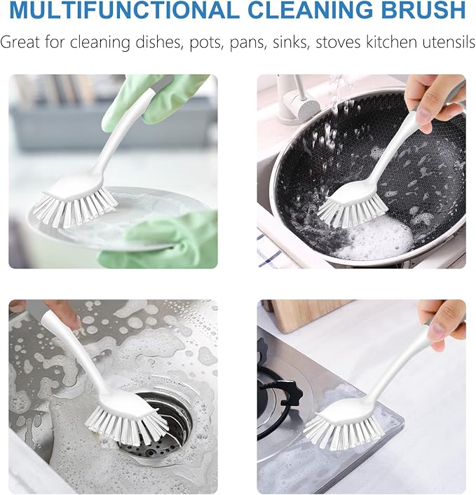 SetSail Dish Brush with Handle, 3 Pack Stiff Bristles Dish Scrubber with Built-in Scraper Dish Scrub Brushes for Cleaning Dishes, Pots and Pans, Kitchen Sink, 3 Pack, Grey White