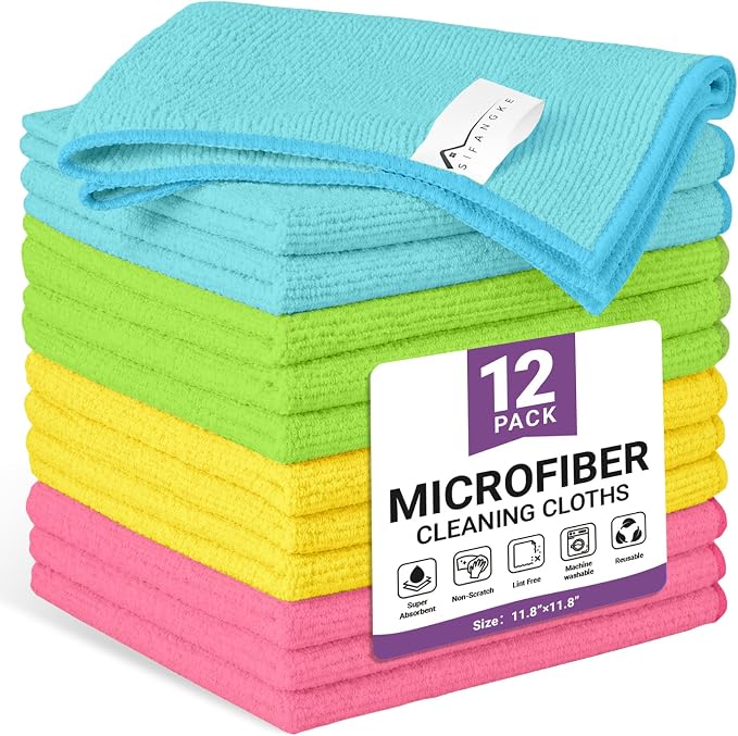 12 Pack Microfiber Cleaning Cloth, 4 Assorted Colors Cleaning Rags for Housekeeping, Colorful Reusable Microfiber Towels for Car, Kitchen, Bathroom and Household Cleaning Supplies, 11.8"X11.8"
