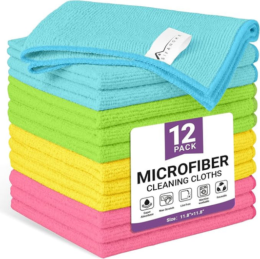 12 Pack Microfiber Cleaning Cloth, 4 Assorted Colors Cleaning Rags for Housekeeping, Colorful Reusable Microfiber Towels for Car, Kitchen, Bathroom and Household Cleaning Supplies, 11.8"X11.8"