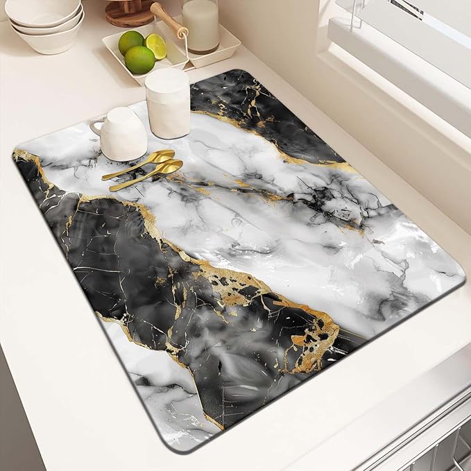 MCALK Marble Black Dish Drying Mat for Kitchen Counter, Luxurious Marble Texture Dish Drying Pad with Anti-Slip Rubber Base, Absorbent Kitchen Sink Mat with Modern Art Decor (1 pc 18" x 16")