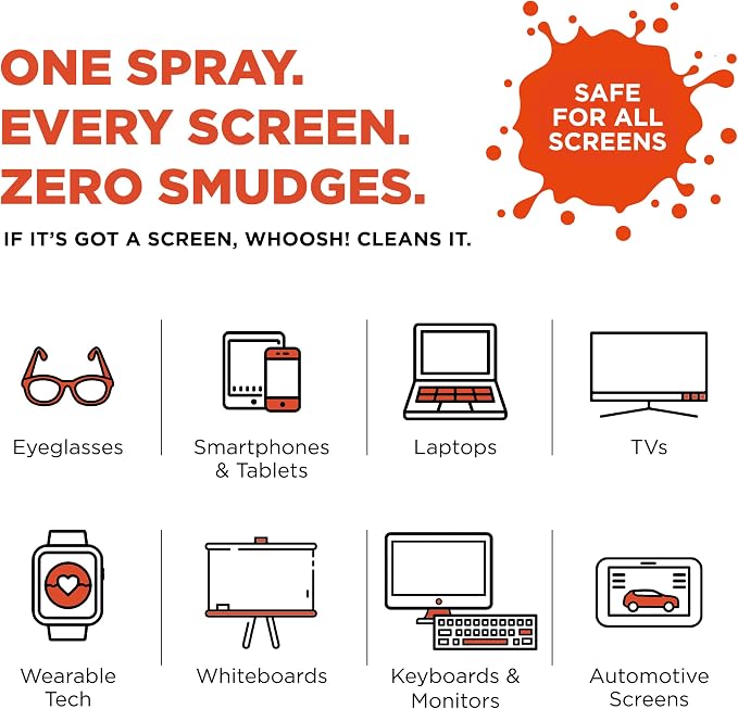 WHOOSH! Screen Shine Go 2-Pack – Two 1 fl oz Refillable Touchscreen Cleaners with Microfiber Cloths for Car, iPad, Laptop and Eyeglasses – Powerful Streak-Free Cleaning – Pocket-Sized, TSA-Approved